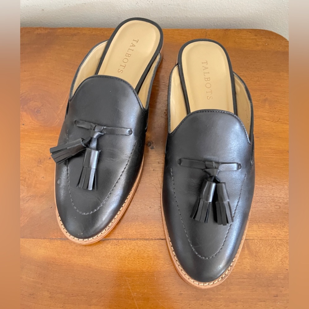 Talbots Black Leather Mule Loafers with Tassels